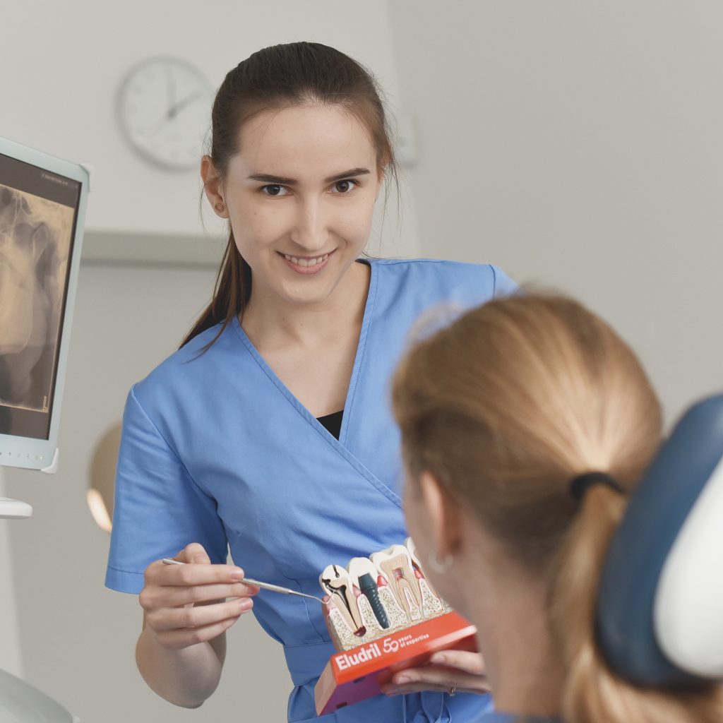 Odontologė Gabija rodo dantų modelį pacientei